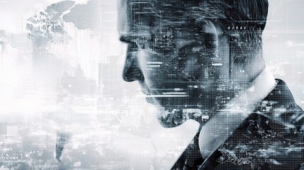 Poster - Profile of Businessman with Technology Overlay on Grid Background