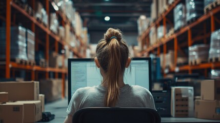 Poster - A woman is sitting in front of a computer screen in a warehouse