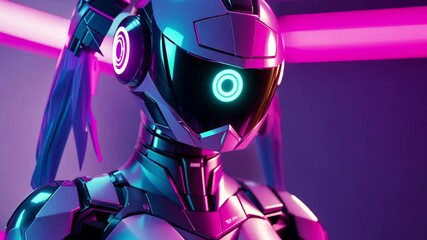 Poster - Cybernetic robot gogo girl showcasing vibrant colors in a futuristic nightlife setting, Cybernetic robot go-go girl with shining colorful skin dancing in neon light in a club