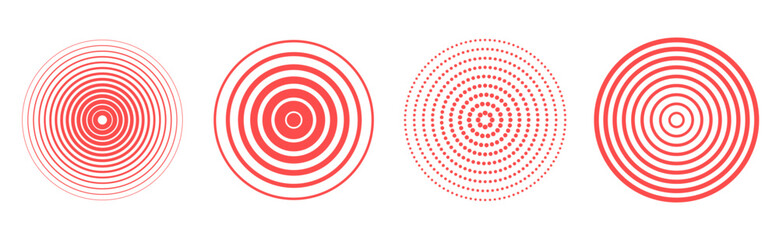 Aufkleber - Set of  different red concentric circles icon isolated on transparent background. Vector geometry design element for concept of  target, radiate, pain, earthquake, sound wave. Editable stroke.