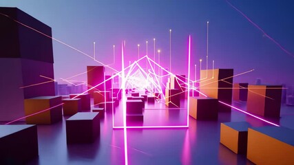 Poster - Data blocks sharing network in vibrant digital landscape at twilight, Animation depicting data blocks being shared on a network