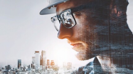 Poster - Urban Engineer with Glasses Overlooking City Development Vision
