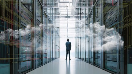 Poster - Tech Entrepreneur in Cloud Server Room Contemplating Innovation Path