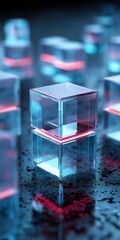 Fototapete - A close up of a blue cube with red and blue lights on it. The cube is surrounded by other cubes, creating a sense of depth and dimension. The image conveys a futuristic and technological atmosphere