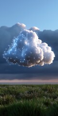 Poster - A cloud with a starry sky background. The cloud is illuminated with a blue light. The sky is cloudy and the sun is setting