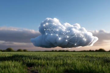 Poster - A cloud with a network of lines drawn through it. The sky is blue and the grass is green