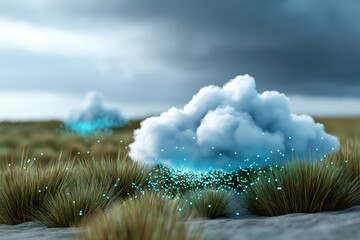 Poster - A cloud with blue sparks is floating in the sky. The sky is cloudy and the grass is dry