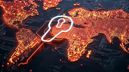  - Global data security symbolized by key icon with digital processing overlay on world map, key icon and data processing over world map