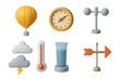 © Viacheslav - 3D icon set of weather research: weather balloon, barometer, thermometer, anemometer, rain gauge, clouds, thunderstorm, weather vane. 3d icon. Isolated