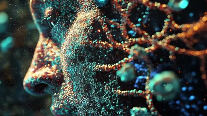 Poster - Digital representation of DNA strands overlaying a human face in abstract cosmic environment, dna strands over digital human