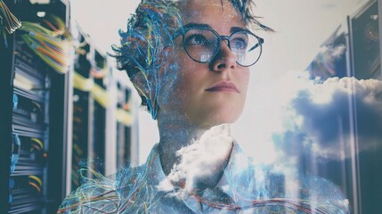 Poster - Tech Entrepreneur in Cloud Server Room with Overlaid Digital Graphics