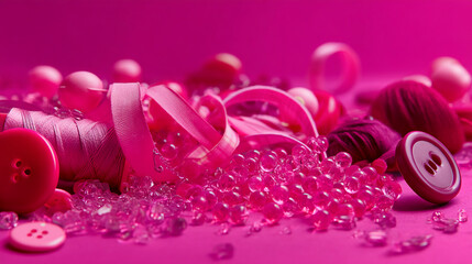 Leinwandbilder - Pink buttons, thread, ribbons, and beads on pink background, showcasing craft supplies, representing creativity and handmade artistry