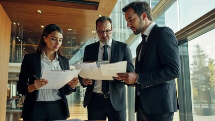 Poster - business team collaborates on financial documents in a modern office setting, business team discussi