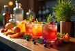 © Yaroslava - vibrant cocktail ingredients arrangement textured bar top colorful garnishes fresh fruits herbs exotic spirits, input, sprite, melon, lemon, lime, orange