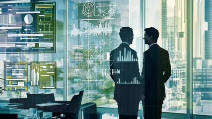 Poster - Caucasian colleagues discuss data processing in a modern office environment with city skyline view, data processing and diagrams over caucasian colleagues talking in office
