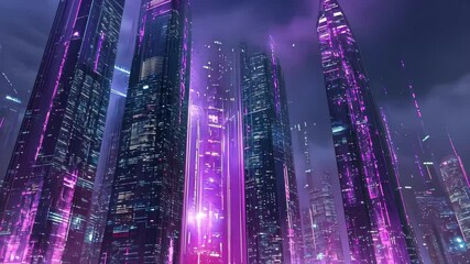Fototapete - Futuristic city with glowing skyscrapers and advanced technology at sunset, Futuristic network concept, city Technology