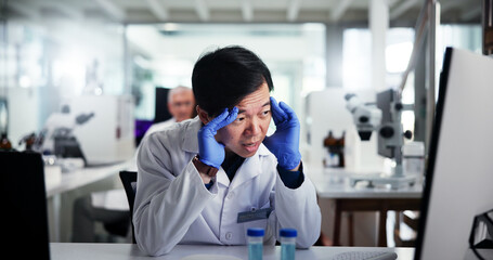 Poster - Man, scientist or computer in laboratory for mistake or scientific error or research fail. Person, science or frustrated with headache or stress for bad experiment, chemistry trial or medical results