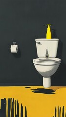 Poster - A painting of a toilet with a roll of toilet paper nearby, no additional context.