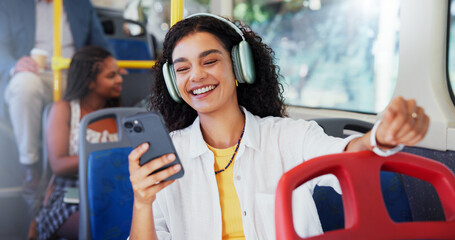 Poster - headphones, smartphone and woman on bus for travel with communication or contact for university. hap