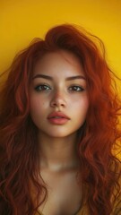 Poster - A woman with bright red hair and a yellow shirt, great for personal use or in a commercial setting.