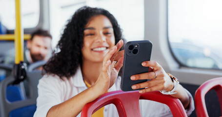 Poster - hands, woman and travel on bus with phone for transport schedule, morning commute or location direct