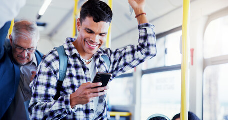 Poster - Happy man, student and bus with phone for social media, public transport or travel app in city. Male person, smile and local commute with mobile smartphone in vehicle for road trip, chat or texting