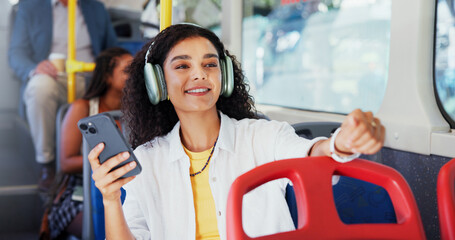 Poster - headphones, phone and woman on bus for travel with communication, contact or network for university.