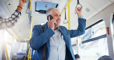 Aufkleber - Mature businessman, bus and travel with phone call for local commute, conversation or chat in city. Man, tourist or traveler with smile on mobile smartphone in vehicle for public transport service