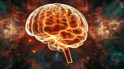 Poster - Human brain rotating seamlessly with vibrant energy patterns in a cosmic background, The human brain rotating 360 degrees - seamless ing
