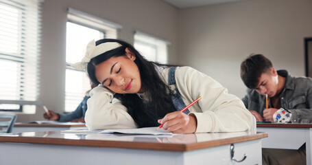 Poster - Sleeping, school and girl in classroom at desk with boredom for writing assignment, test or quiz. College, university and exhausted student with fatigue for learning, education or studying for lesson