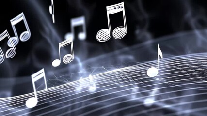 Poster - Musical notes create an abstract background with flowing lines and dynamic motion in a dark setting, Musical Notes, Rendering, Background,