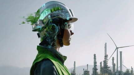 Poster - Profile View of Engineer Wearing Helmet with Thermal Vision Technology