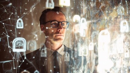 Poster - Businessman in Glasses Surrounded by Data and Protection Symbols
