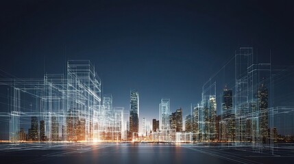 Poster - Modern Cityscape with Layered Glowing Blueprints in Night Sky
