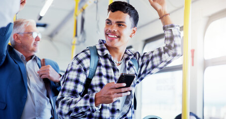 Poster - Happy man, student and bus with phone for public transport, travel app or local commute in city. Male person, smile and tourism with mobile smartphone in vehicle for road trip, journey or destination