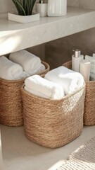 Poster - Bathroom interior with many towels stacked in wicker baskets, ready for use.