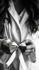 Poster - A black and white photo of a woman tying a white ribbon.
