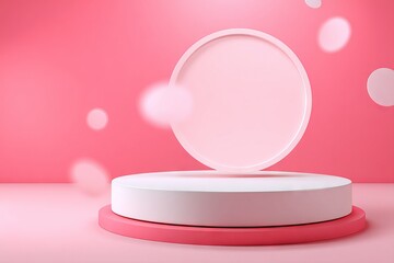 Poster - The studio setting is characterized by an abstract pink gradient background, an empty room with shadowy silhouettes of a window, flowers, and palm leaves, and a 3D room with ample copy space,