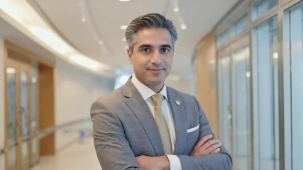 Poster - A professional gentleman stands in a hallway, dressed in a suit and tie.