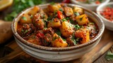Nepalese aloo tama curry potatoes and bamboo shoots plated in white ceramic bowl