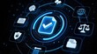 © Arnab Dey - Digital compliance and data security concept with a holographic document surrounded by legal and regulatory icons, protected by hands in a dark background.