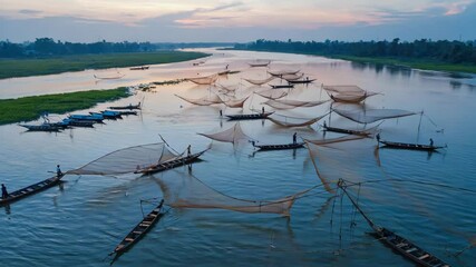 Fototapete - A group of boats drifting on the surface of a calm river.