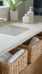 Poster - A bathroom interior featuring a sink and two baskets for storing personal items.