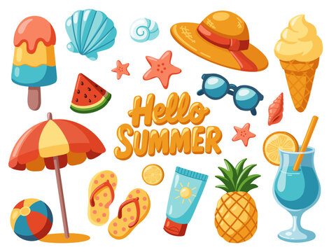 hello summer set. vector isolated illustrations of summer vacation and beach elements on white backg