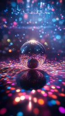Poster - A shiny disco ball sits atop a vibrant disco floor, perfect for party decorations or 70s-themed events.