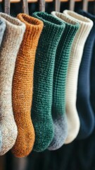 Poster - A row of colorful socks hanging from a rustic wooden rack.