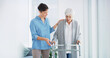 © peopleimages.com - Home, caregiver and senior woman with walker for healthcare, physio or support in retirement. Elderly care, physiotherapist and old person with walking frame, mobility exercise and homecare recovery