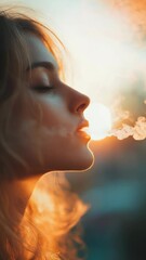 Poster - A person smoking a cigarette outdoors, with the sun setting behind them.
