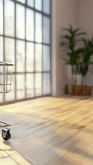 Aufkleber - A shopping cart sitting on a wooden floor, great for illustrating storage or inventory concepts.