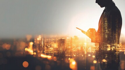 Poster - Businessman with Digital City Network Overlay at Sunset